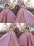 Pink Off the Shoulder Ball Gown Appliques Satin Prom Dress LBQ1198